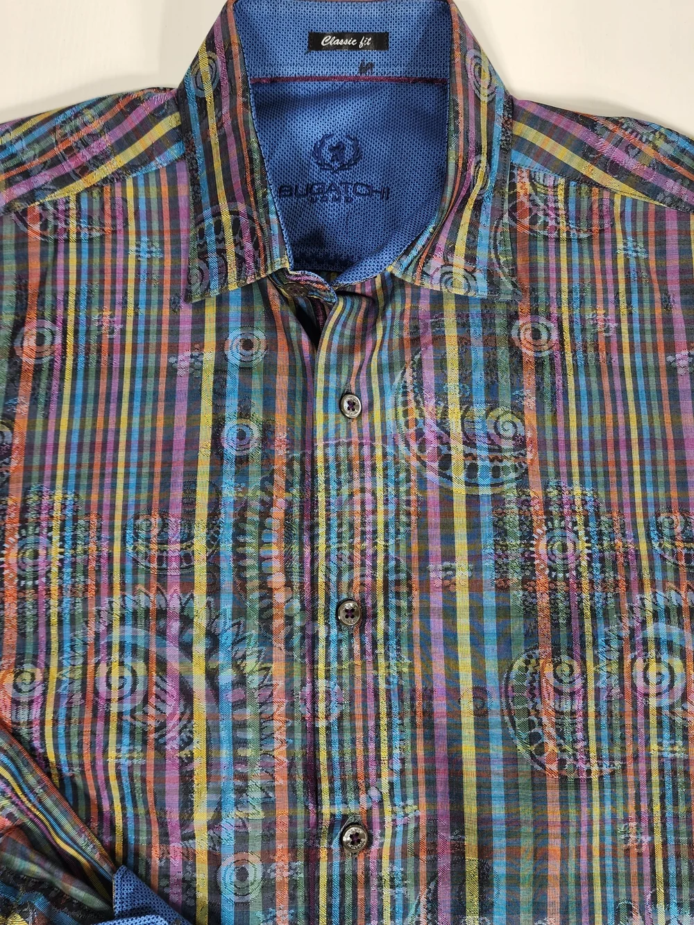 Bugatchi Multicolor Plaid Dress Shirt with Blue Contrast